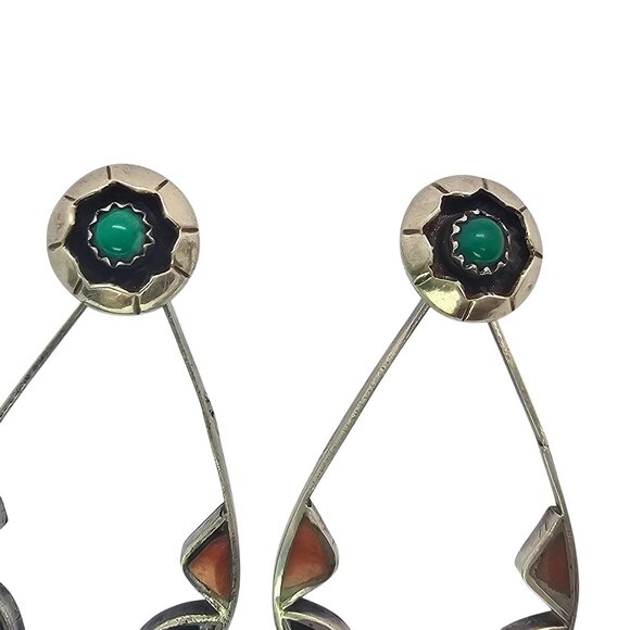 Zuni-Style Sterling Silver Multi-Stone Inlay Convertible Teardrop Earrings - Picture 6 of 16